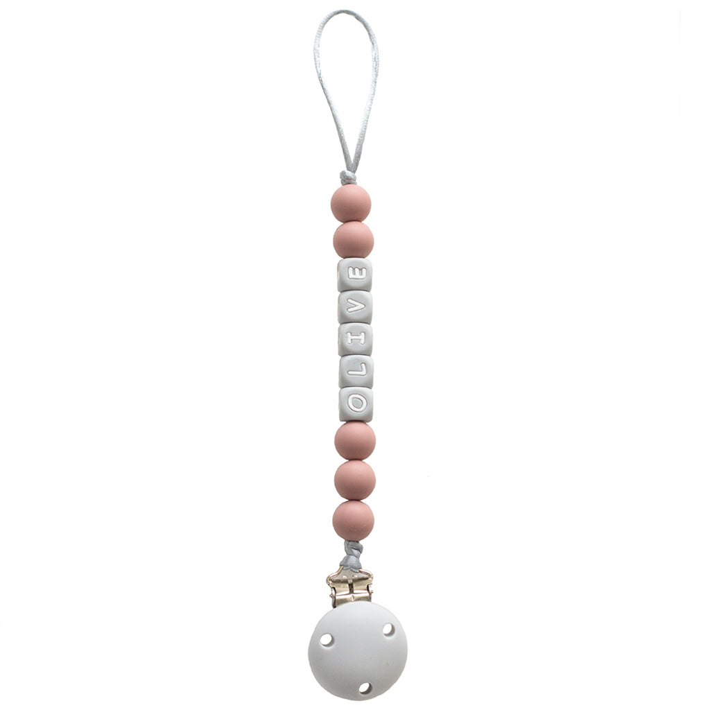 Personalised Dummy Clip - Blush Pink & Grey Letters