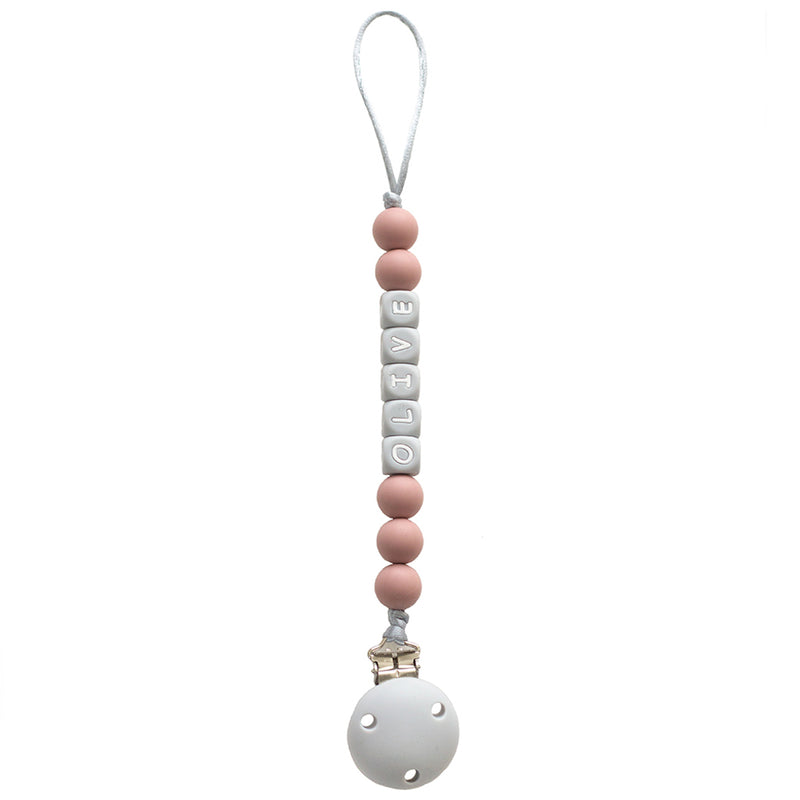 Personalised Dummy Clip - Blush Pink & Grey Letters