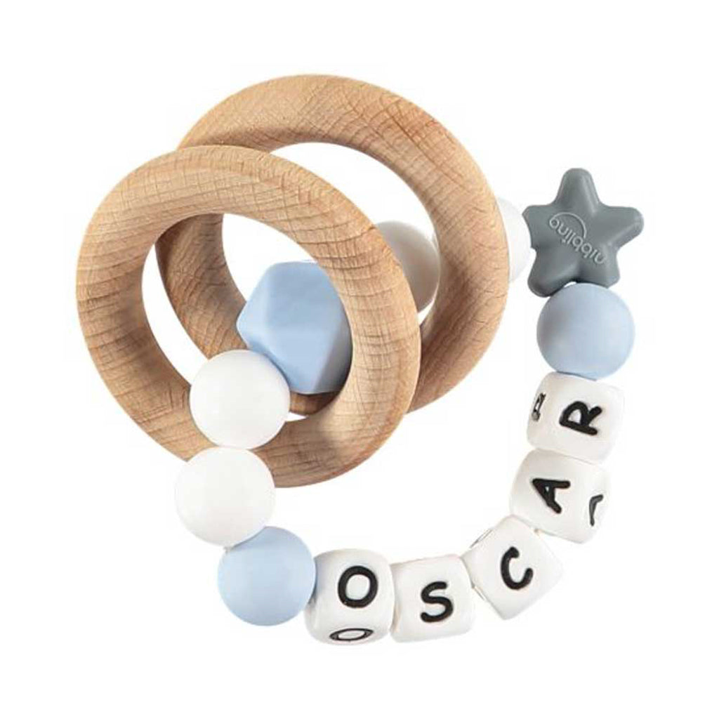 Personalised Rattle Ring: Blue & White